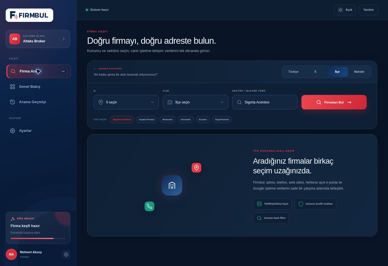 Firmbul koyu tema firma arama ekranı